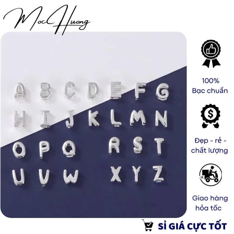 [S925] Charm bạc xỏ ngang hình chữ cái size nhỏ - TH847 MOCHUONG JEWELRY