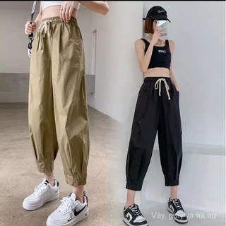 Quần bom quần baggy bo gấu chất liệu kaki loại 1 lưng thun có dây rút kiểu dáng lưng cao phong cách cá tính có túi 2 bên