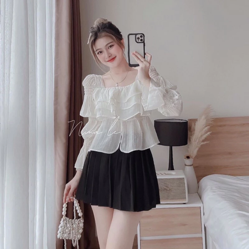 Áo tiểu thư dài tay bo khúc vải Đũi Xốp CRoptop Hàn Quốc sang chảnh A82