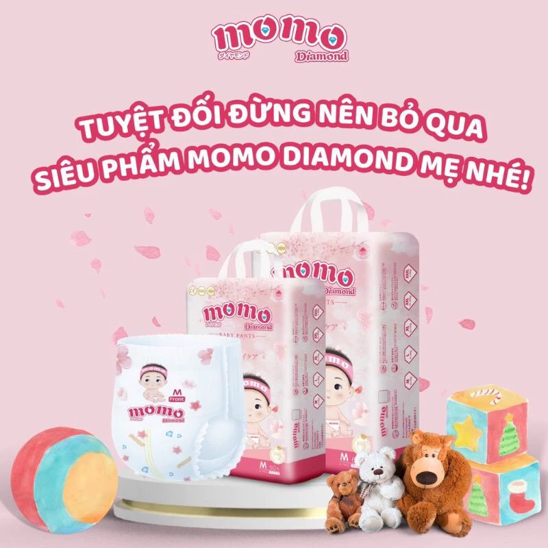 Tã bỉm dán/quần MOMOTARO, MOMO DIAMOND chính hãng S112/M96/M92/L84/XL78/XXL72/XXXL70