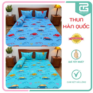 Bộ Ga Gối Thun Lạnh Hàn Quốc { 4 Món } họa tiết Xe ( 1 ga bọc + 2 vỏ gối nằm + 1 vỏ gối ôm )