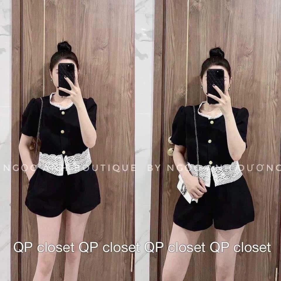 Áo sơmi cổ tròn phối ren, bộ cộc tay dáng croptop kèm quần short hoặc chân váy xếp ly