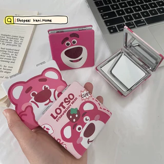 Gương mini gấu dâu Lotso 2 mặt gấp gọn bỏ túi tiện lợi - Gương trang điểm cầm tay gấu hồng Losto hoạt hình dễ thương