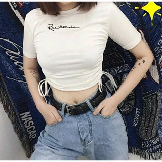 Áo Croptop Nữ Thêu Chữ Rút Dây Hông Cá Tính