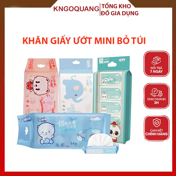 Khăn Giấy Ướt Mini Dễ Thương Bỏ Túi Tiện Lợi-1 Túi 8 Gói, Giấy Uớt Mini Bỏ Túi Giao Màu Ngâu Nhiên