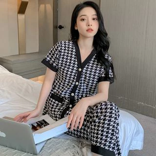 [LR01] Bộ Ngủ Mặc Nhà Pijama Lụa  Cộc Tay, Họa Tiết Zichzac Nữ Tính Phong Cách Hàn Quốc (HÀNG QUẢNG CHÂU) 2023