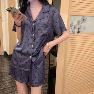 [LR08] Bộ Ngủ Mặc Nhà Pijama Lụa  Cộc Tay, Họa Tiết Tim Than, Nữ Tính Phong Cách Hàn Quốc (HÀNG QUẢNG CHÂU) 2023