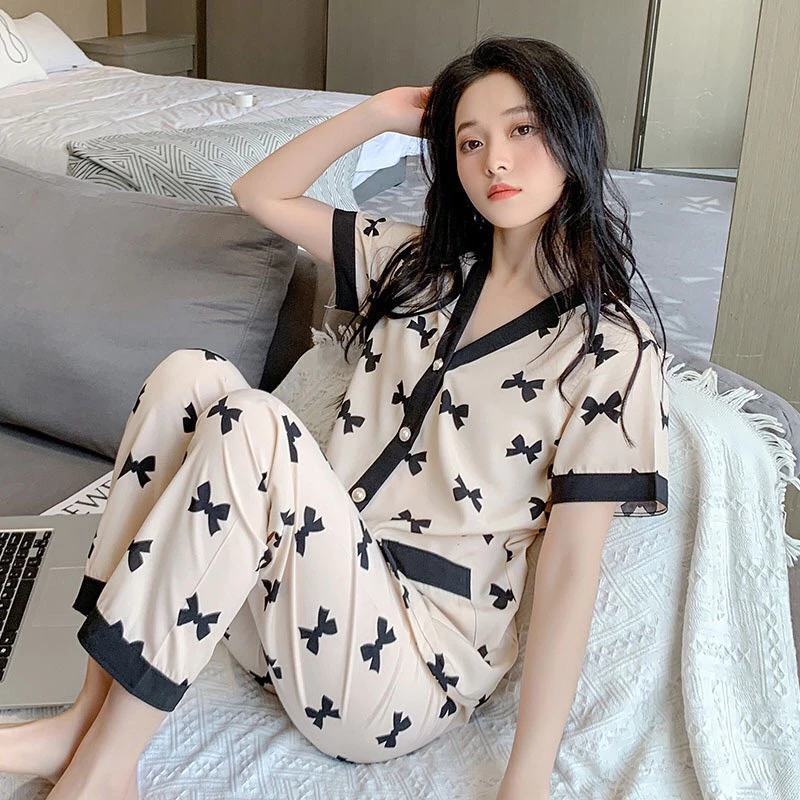 [LR03] Bộ Ngủ Mặc Nhà Pijama Lụa  Cộc Tay, Họa Tiết Nơ, Nữ Tính Phong Cách Hàn Quốc (HÀNG QUẢNG CHÂU) 2023