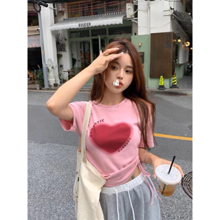 Áo thun babytee áo phông nữ màu hồng cổ tròn dây rút Pink Heart chất cotton dày dặn hottrend