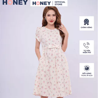 Váy bầu công sở kiểu dáng babydoll có dây thắt nơ tạo kiểu  tay ngắn chất Linen mát - Thời trang đầm bầu cao cấp HONEY