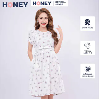 Váy bầu công sở kiểu dáng babydoll có dây thắt nơ tạo kiểu  tay ngắn chất Linen mát - Thời trang đầm bầu cao cấp HONEY