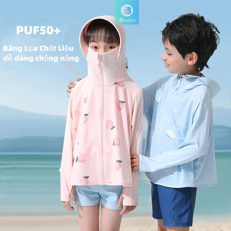 Áo chống nắng cho bé có mũ che đầu,Quần áo chống nắng ngoài trời nhẹ và thoáng khí dành cho cha mẹ và con cái bằng lụa