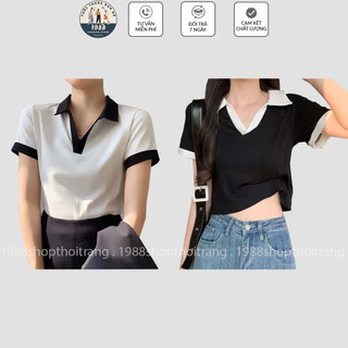 Áo Croptop Cổ Bẻ Phối Cổ Tay Ngắn Chất Cotton Mịn Co Dãn