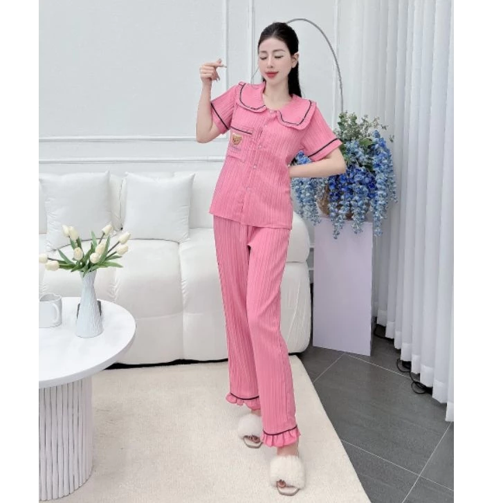 Bộ pyjama, bộ đồ mặc ở nhà (cộc-dài) cổ bèo chất xốp gân trơn túi gấu siêu đẹp