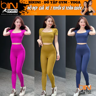 Bộ đồ tập gym yoga aerobic thể thao nữ áo croptop kèm mút và quần dài chất liệu thun poly co dãn 4 chiều BINSPORTS BD235