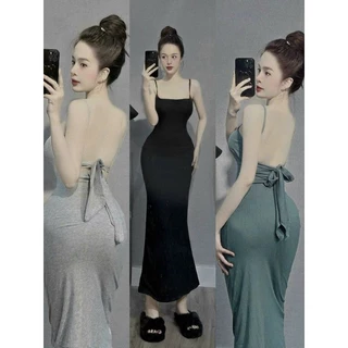 Đầm Hai Dây Cổ Vuông Hở Lưng Cột Dây Nơ - Dáng Dài Maxi Ôm Body Sexy - Tiểu Thư Bánh Bèo Cute Sang Chảnh Basic Đơn Giản