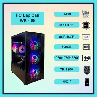 Thùng PC Gaming giá rẻ WK-08 Core i3 10105F, 16GB Ram, NVME 500GB, VGA 1060/1070/1660S Mới (BH 36T)