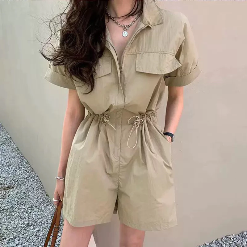 Playsuits đồ bay ngắn trên đầu gối cho nữ ngắn tay bo eo ống rộng