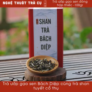 {TẶNG MỨT GỪNG}Trà shan tuyết cổ thụ ướp gạo sen bách diệp đóng hộp thiếc đỏ sang trọng 100gr và 10gr tặng mứt gừng