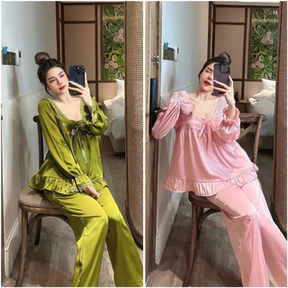 Đồ Ngủ, Pijama Tiểu Thư Tay Dài Cổ U Thiết Kế Phối Nơ Xinh Xắn Chất Lụa Mịn Mượt - Đồ Bộ Nữ Freesize