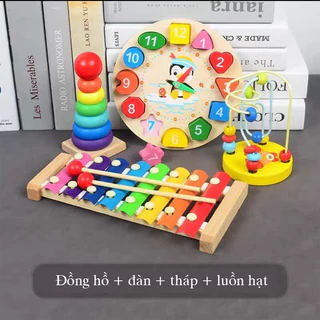 Combo đồ chơi gỗ giáo dục thông minh montessorri đàn gỗ, sâu gỗ, khối vuông, đồng hồ gỗ, tháp gỗ, luồn hạt 2,3,4 tuổi