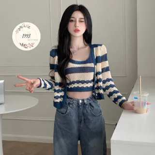 Set Áo 2 Dây Kèm Áo Khoác Cardigan Len Lưới Montoghi Quảng Châu, Áo 2 Dây Bản To Mềm Mịn Style Hàn Quốc 1993 Boutique