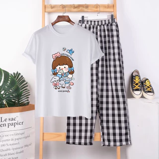 Sét Đồ Nữ Đẹp YEGO Fashion Store Mùa Hè Mặc Đi Chơi, Áo Cotton In Hoạt Hình 3D Bé Yêu Thú Kèm Quần Ống Rộng Kẻ