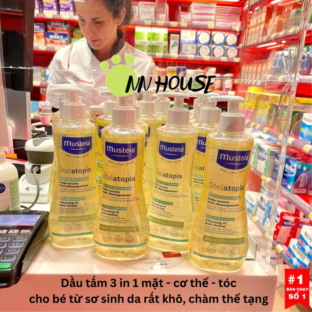 Sữa tắm cho bé Mustela Stelatopia cleansing oil dạng dầu tắm gội 3in1 dưỡng ẩm từ trẻ sơ sinh da khô, da chàm thể tạng