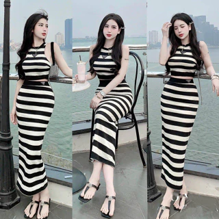 Set váy sọc nữ áo ba lỗ croptop đính logo mix chân váy thân dài siêu tôn dáng, trẻ trung thích hợp cho các nàng đi biển