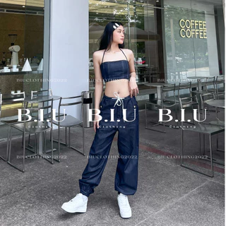 Set áo crop top quần thụng jean thắt dây eo bo ống cực chất denim LISA SET BB0056 BIU Clothing