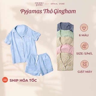 Bộ đồ ngủ mặc nhà nữ MOMOJAMA bộ pijama ngắn tay quần đùi chất thô kẻ gingham bộ pijama mặc nhà thanh lịch cho nữ