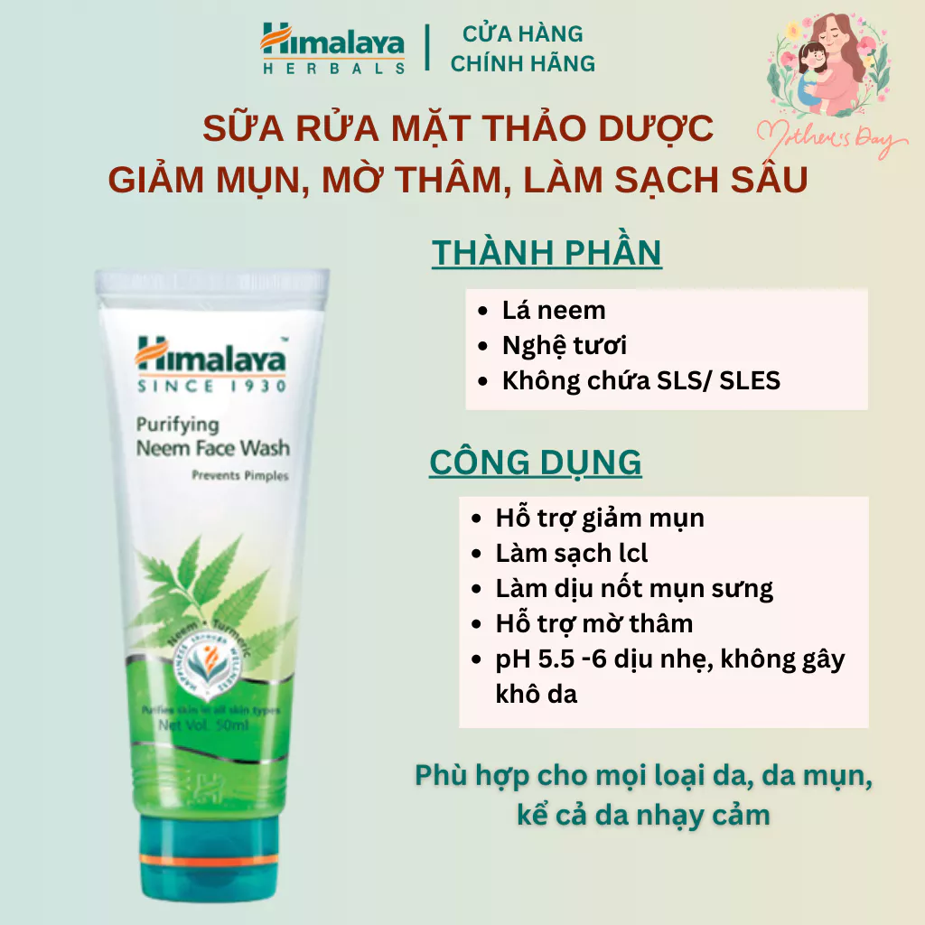 Sữa rửa mặt giảm mụn làm sạch dịu nhẹ Himalaya Neem Face Wash 50ml