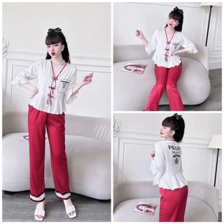 SP_108 Đồ bộ pijama BOLOBALA mặc nhà quần dài áo tay lỡ 3 nơ chất lụa latin cực sang xịn mịn