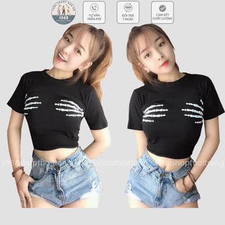 Áo Croptop Tay Xương Ôm Body Tay Ngắn Cổ Tròn Chất Cotton Mịn Co Dãn