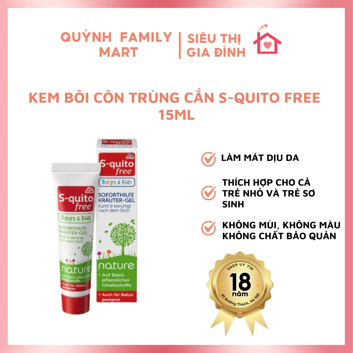 Kem bôi côn trùng đốt thảo dược S - quito free(15ml-ĐứC)