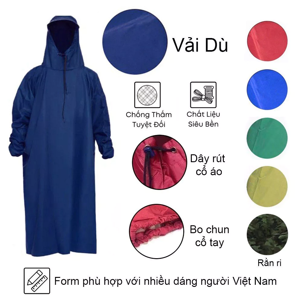 Áo Mưa Người Lớn 1 Người Chất Liệu Vải Dù Cao Cấp ( Vải Dày Siêu Bền Siêu Chống Thấm Hàng Xưởng Nhiều Màu Tùy Chọn, Sỉ )