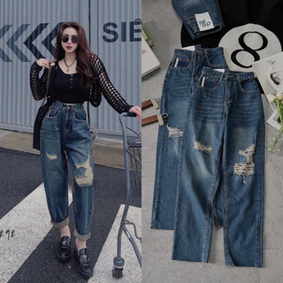 QUẦN BAGGY JEAN NỮA CẠP CAO RÁCH KIỂU MÀU BỤI