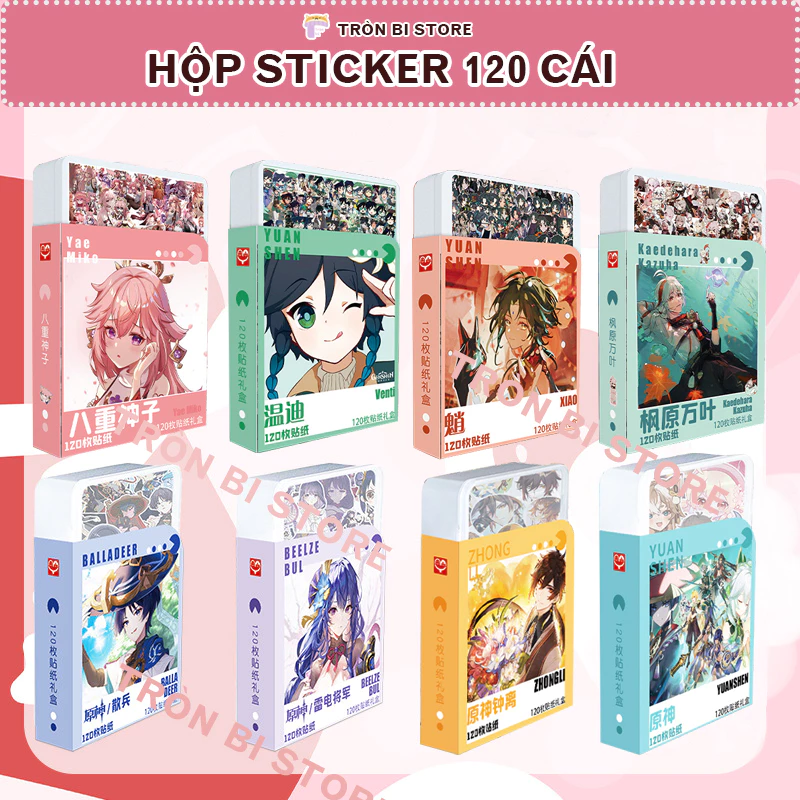 Hộp sticker Genshin Impact 120 cái Inazumi, Liyue, Mondstadt, zhongli, Scaramouche, Raiden, Venti Xiao Ayaka