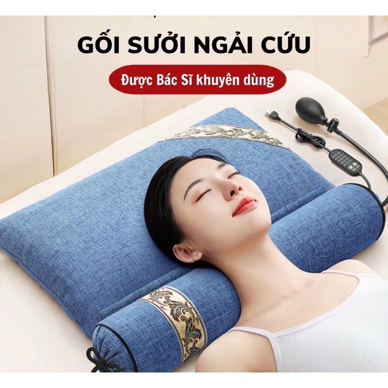 Gối sưởi điện,gối ngải cứu thảo dược masage cổ, vai, gáy 2 trong 1 chườm nóng giảm mệt