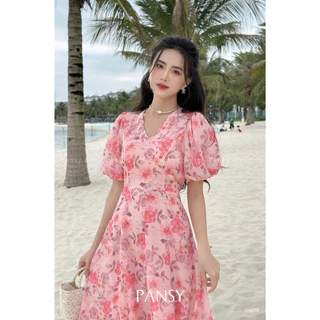 Váy hoa nhí đi biển váy dáng dài cổ V tay phồng - Mina Dress - VH274 - Pansy