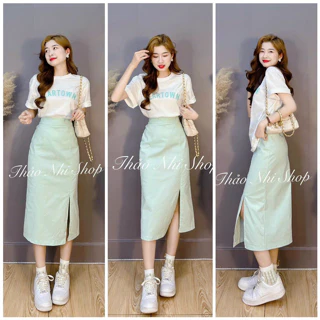 Sét váy nữ thời trang mặc đi chơi áo cotton cổ tròn tay ngắn in chữ mix chân váy maxi cotton lạnh xẻ trước trẻ trung