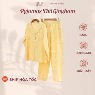 Bộ đồ ngủ mặc nhà nữ MOMOJAMA bộ pijama dài tay quần dài chất thô kẻ gingham bộ quần áo pijama mặc nhà thanh lịch cho nữ