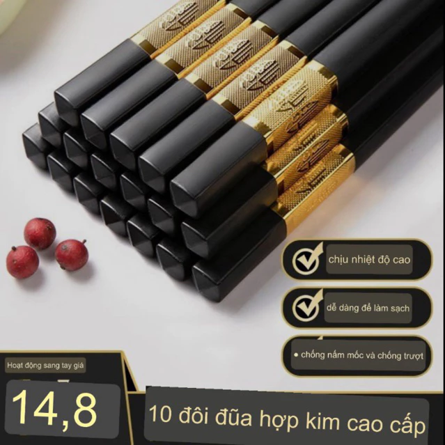 Bộ 10 Đôi Đũa hợp kim mạ vàng Hàn Quốc chống trơn, chống mốc, chịu nhiệt