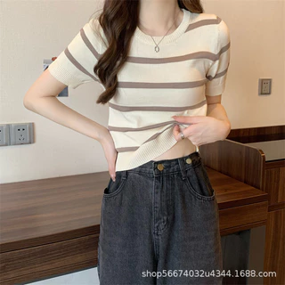 Áo croptop tay ngắn cổ tròn họa tiết kẻ sọc phong cách hàn quốc AL18