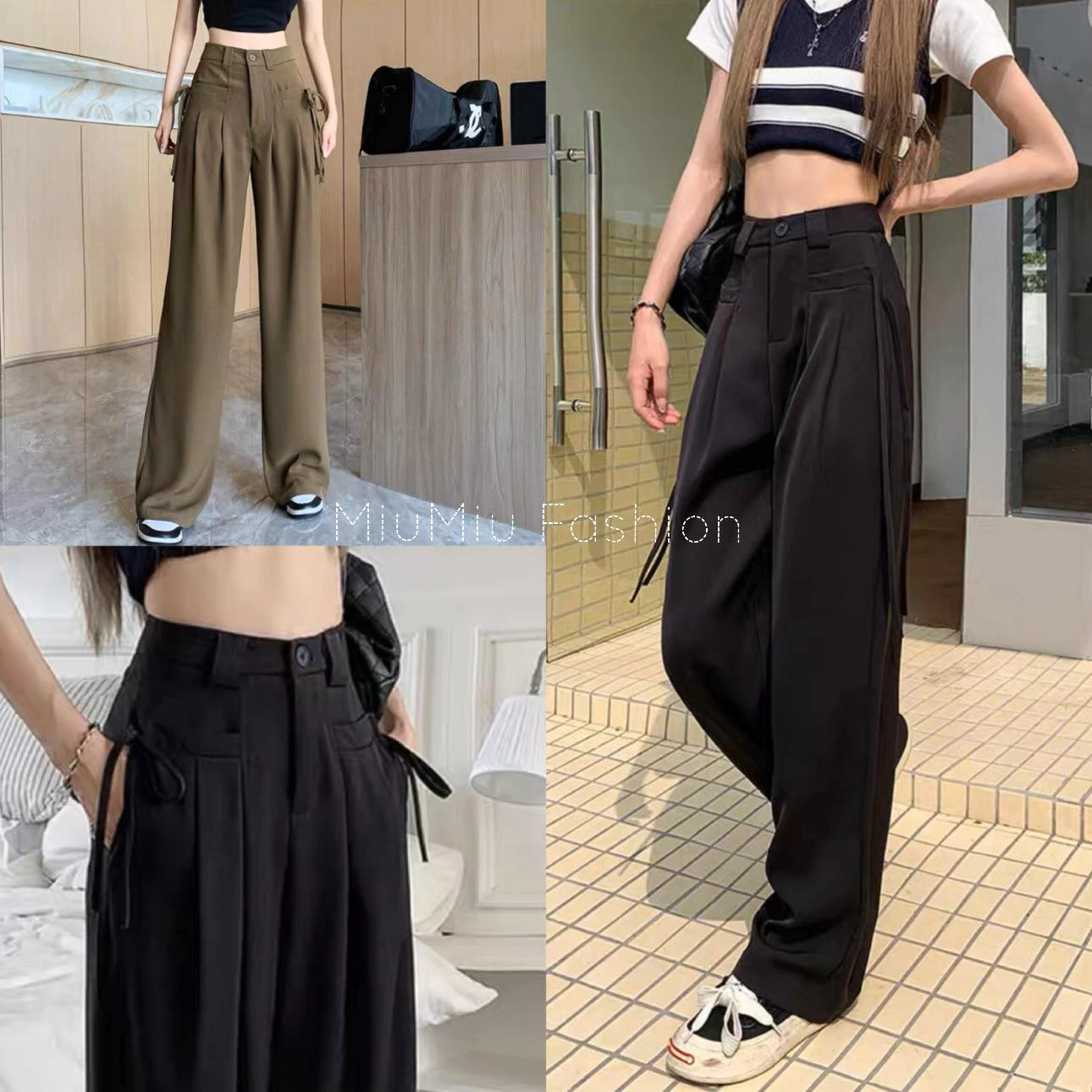 Quần ống rộng nữ lưng cao dây buộc túi  khóa trước dáng dài m09