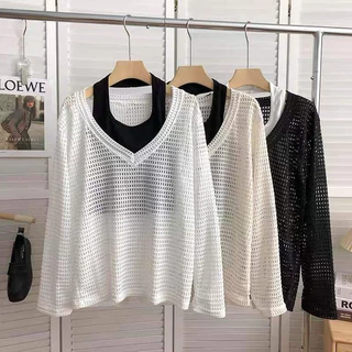 [Mã TOPMAY giảm đến 25k đơn 150k] Set Áo Lưới Cổ V Dài Tay Form Rộng Mix Áo Yếm Croptop, Labibi