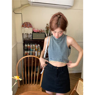 (Sẵn, Có Ảnh Thật) Áo CropTop Jean Cổ Cao Sát Nách Taobao Order