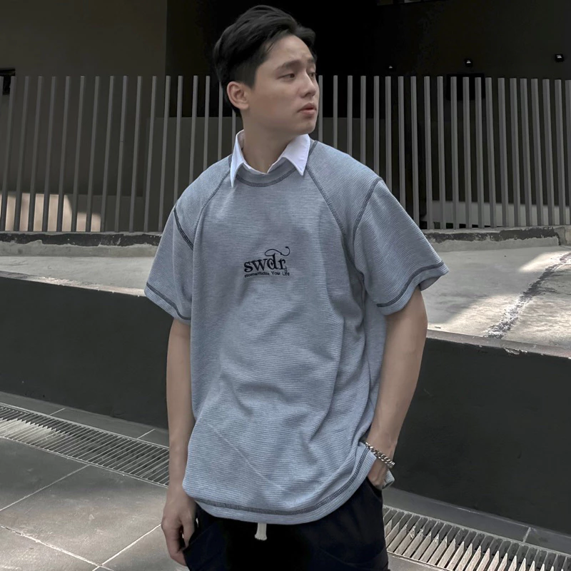 Áo Thun Phối cổ sơmi ROMAN màu ĐEN/XÁM 🏁 Nam nữ unisex - Áo polo cổ tròn form rộng Jaystoree 🖤