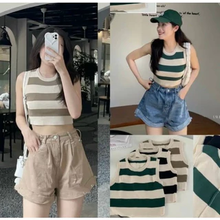 Áo len mongtoghi nữ ba lỗ croptop kẻ ngang, áo len nách hàng quảng châu