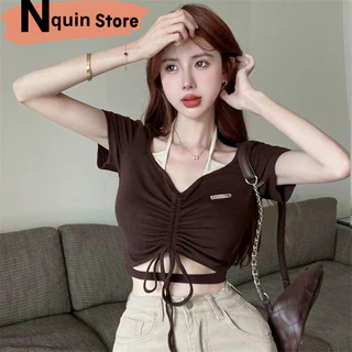 Áo croptop nữ ngắn tay phối rút dây giữa ngực cổ giả yếm Nquin, Áo kiểu nữ ôm body cổ yếm phối màu cực xinh